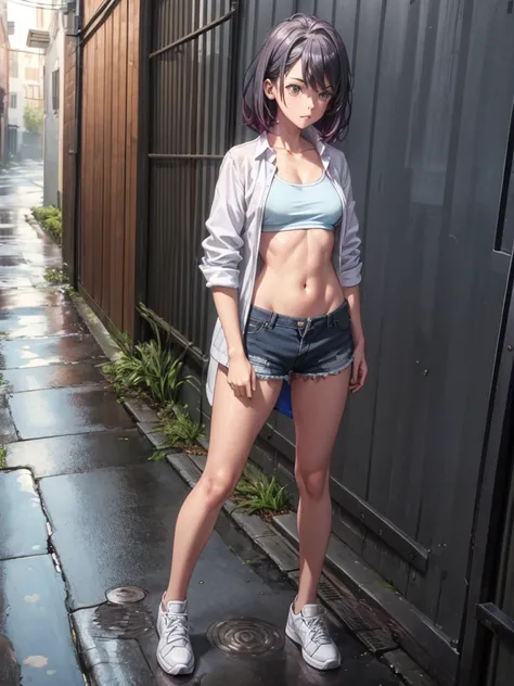 Girl, blue short tight shorts , Unbuttoned shirt on a naked body, Bare breasts, chest visible, street  background, Narrow passage between houses, night, rain, slim body, In full growth, Sneakers,