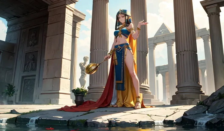 ((Highest quality)), ((masterpiece)), (detailed), One Beautiful Cleopatra, sexy,Celtic,pyramid,Water Temple,He is holding out his hand