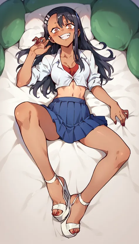 hayase nagatoro, dark-skinned, unbuttoned crop-top, braless, blue pleated skirt, clear open-toe platform high heels, red nails