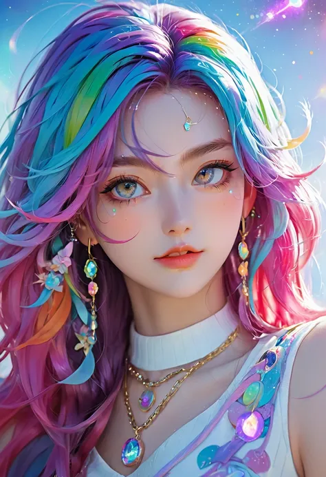 a close up of a woman with rich and colorful hair and a necklace, Anime girl with cosmic long hair, rossdraws bright pastels, artwork in the style of Gu Weiss, Fantasy art style, rich and colorful]”, Vibrant fantasy style, rossdraws cartoon vitality, cosmi...