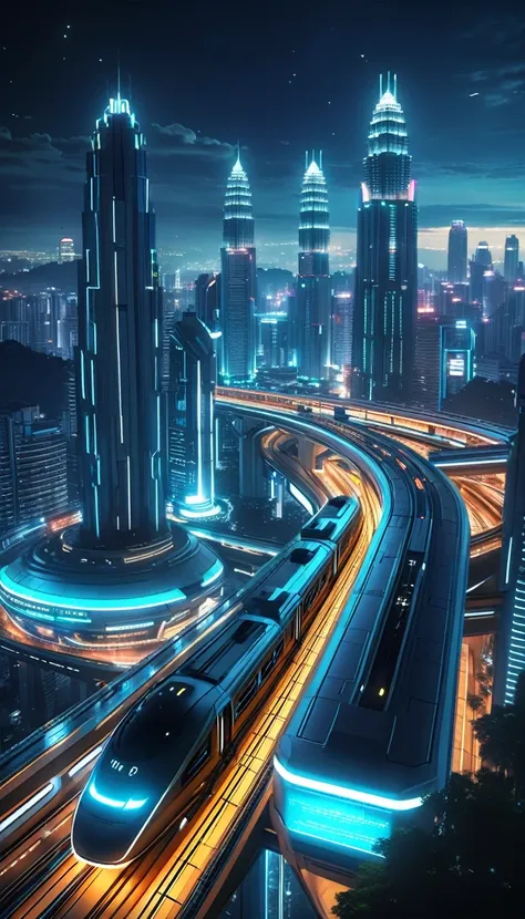 futuristic city with futuristic train and futuristic buildings at night, futuristic realistic photo, in other words futuristic c...