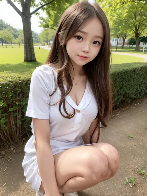 Bright honey-colored long hair with curls, The most beautiful girl in the world at 13, Young body type, Childish expression, Beautiful light brown eyes, Big double eyelid eyes, Glossy Lips, Round face, eyeliner, , Tilt your head a little, shirt, The button...