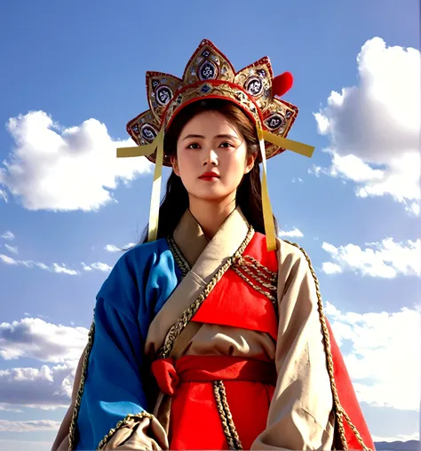 1girl, solo, looking at viewer, long sleeves, hat, closed mouth, upper body, outdoors, sky, day, cloud, blue sky, cloudy sky, crown, robe, korean clothes, traditional clothes, hanbok