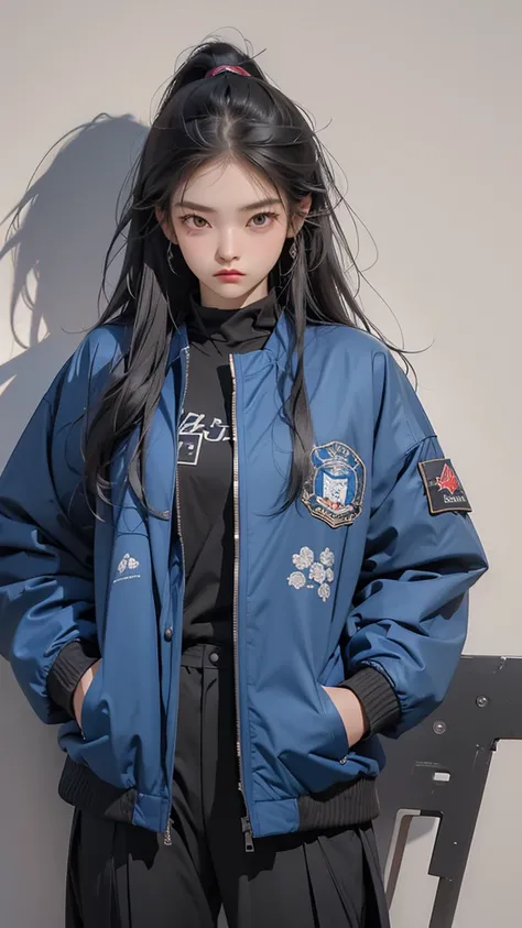 (Highest quality:1.2)。One Woman。Angry expression。(Wearing a blue jacket)。(standing)。The background is a black。(the word SELA is written on his jacket ) 