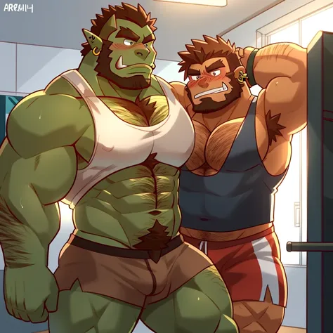 a large and extremely muscular orc warrior,highly masculine orc,rugged orc features,thick body hair orc,orc wearing Athelete clothes, Hairy, Armpits, bara, musky, Piercings, Barbarian, Modern Gym ,best quality, anime, Masculine, bara, Tanktop, full-body, g...