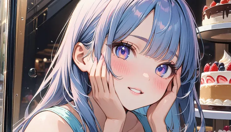 masterpiece, best quality, extremely detailed, (illustration, official art:1.1),adorable face、 1 girl ,(((( light blue long hair)))),pale blue hair,, long hair ((blush)) , cute face, big eyes, masterpiece, best quality,(((((a very delicate and beautiful gi...