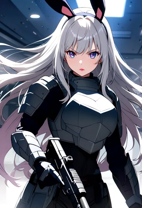 Beautiful girl, long hair, white gray hair, two-tone eyes, blue-pink eyes, bunny ears, large breasts, , bulletproof armor, anime girl, red-pink lips, holding a gun.