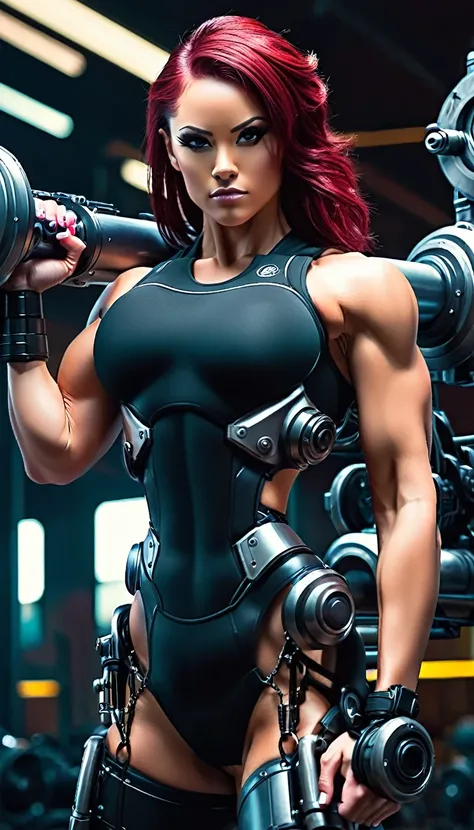 Strong muscular girl femalebodybuilder style cyborg in action pose with cannon gunn