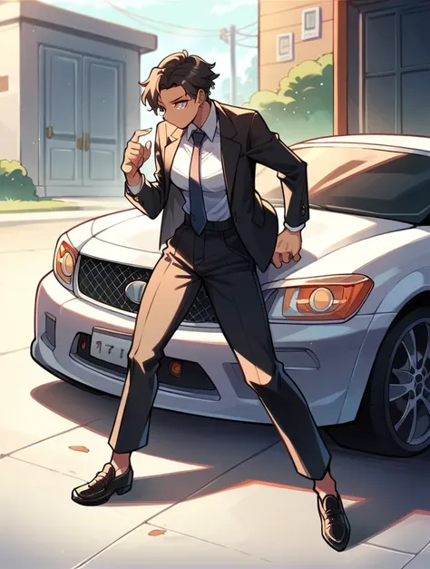 A woman wearing a black suit, tie, black long pants, leather shoes and black socks kicks a car towards the car door. 