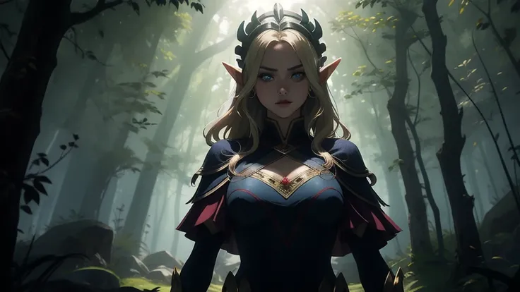 "Elf with a captivating look, unearthly beauty, flowing golden hair, pointed ears, dressed in elaborate elven attire, surrounded by a mystical forest, soft sunlight, breaking through lush greenery."