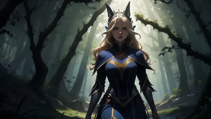 "Elf with a captivating look, unearthly beauty, flowing golden hair, pointed ears, dressed in elaborate elven attire, surrounded by a mystical forest, soft sunlight, breaking through lush greenery."