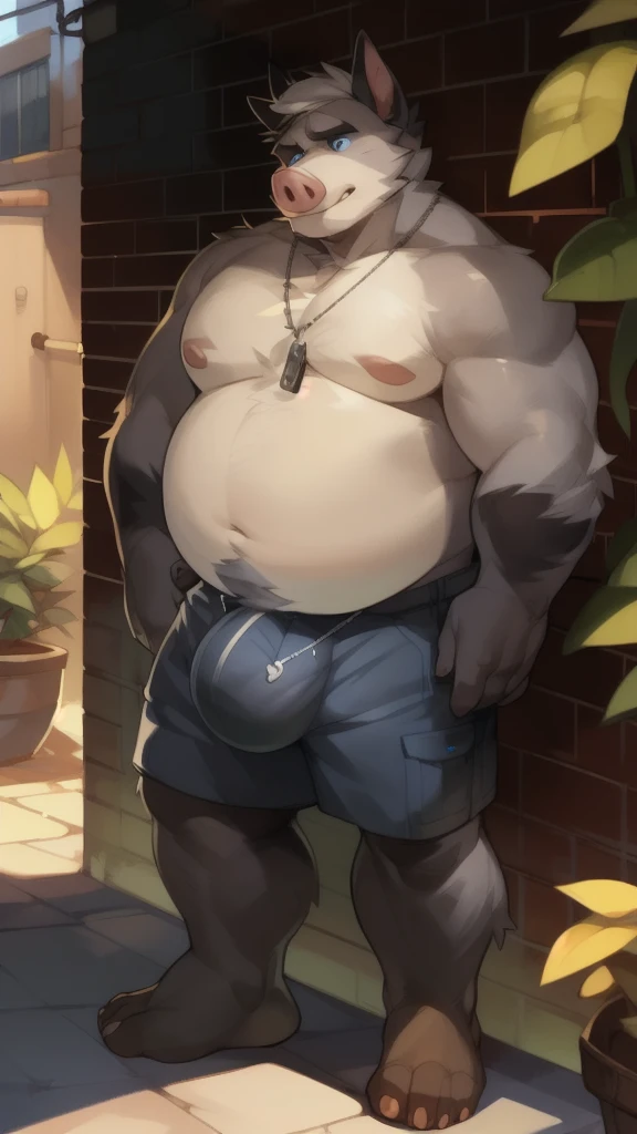 Solo, male, chubby, musclegut, muscular, mature male, old, unhappy, black fur, blue eyes, grey hair, body hair, dog tags, tan cargo shorts, big bulge, alleyway, plants, by mystikfox61, by darkgem, by glitter trap boy, by bebebebebe, pig