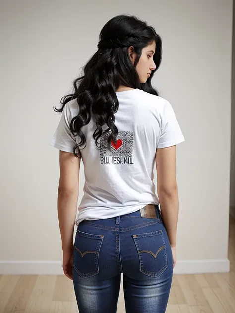 Full body image of a very gorgeus and pretty Argentinian woman from her back. ONE ONLY WOMAN. She dress with a t-shirt and jeans. She has fifteen years old. She has a thin body. She has black hair with curls at the ends. 