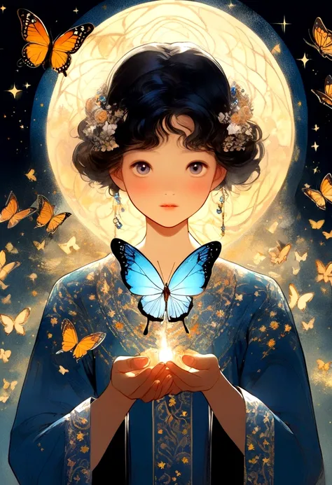 someone holding a butterfly in their hand with a starr background, concept art by Eizan Kikukawa, tumblr, romanticism, beautiful image, butterfly, artistic illustration, ✨🕌🌙, without text, this is beautiful, beautiful artwork, beautiful illustration, beaut...