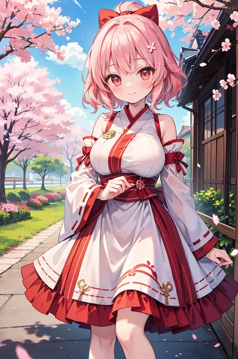 ((Masterpiece)),((high resolution)),((Best Quality)),Anime illustration,(((1girl))),,(wavy hair),(short hair),(pale pink hair color),small ponytail,Red eyes,(Big round eyes),((tareme)),15 years old,((loli face)),((very big breasts)),Short stature,,Miko cos...