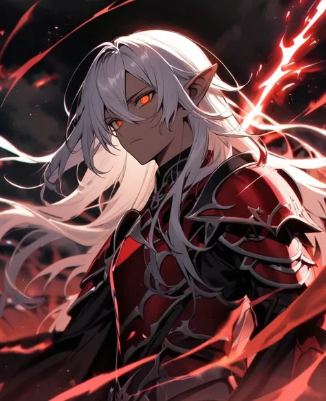 Male,54,pierced pointy ears,light skin,orange eyes, red ombre long hair half up half down,red and white armour ,dark magic,on a battlefield with darkness in his eyes as a dark magic aura surrounds him