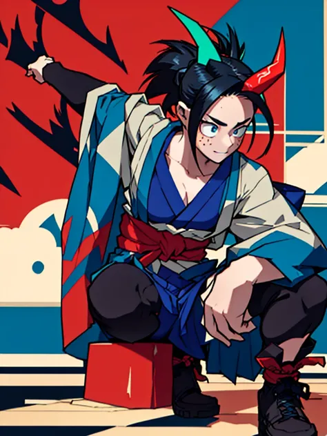 A girl in the Boku no hero style, She is wearing her hero outfit which consists of, a long-sleeved jumpsuit that covers your entire neck and ends in shorts, on top a kimono with a raven on each side drawn on it,
.The girl has black hair with blue highlight...