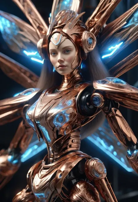 A stunning robot made of copper piping with hair made of intricate copper piping, cascading down like a metallic waterfall. She wears a dress fashioned from delicate, interwoven copper pipes, glinting under the light. Her visage is a mesmerizing blend of A...