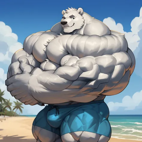 solo, 1boy, correct anatomy, perfect anatomy, (furry white bears, polar bear,) perfect proportion, big eyes, wide chest, bulky, bulk, bulge, happy. Huge Muscular Old man at the beach lifting a huge boulder,(blue shorts), view from side, pectoral, thick arm...