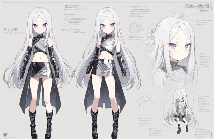 1 150 cm tall. long silver hair, Scrawny, knee length straight hair, Small face, Full body diagram, Glam metal clothing style