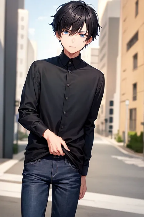 1boy, short black hair, blue eyes, wearing black long sleeve shirt, black jeans, city, high res, ultrasharp, 8K, masterpiece, looking at viewer