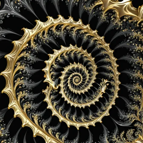 a close up of a spiral design with a black background, digital art inspired by Benoit B. Mandelbrot, shutterstock contest winner, generative art, chaotic swirling ferrofluids, silver gold fractal details, chaotic fractal patterns, fractals swirling outward...