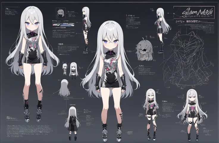 1 150 cm tall. long silver hair, Scrawny, knee length straight hair, Small face, Full body diagram, Glam metal clothing style