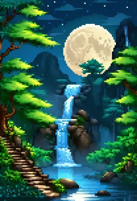 a background having blue moon night time with waterfall scenary.