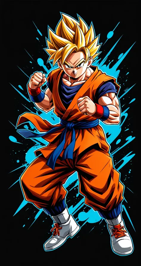 gohan style fighting game, hip-hop style, t shirt design, flat-colors, vectorial art,  ((black backdrop)) . dynamic, vibrant, fu...