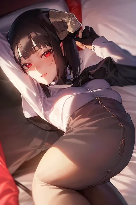 
work of art, best qualityer, high resolution, 1girl horns short hair demon tail, white shirt black ascot black gloves black pants black vest lying on your back, sheet, arms up,blushed,face red,Hands behind the head,ssmile,Bblack hair,short thigh shorts,ss...