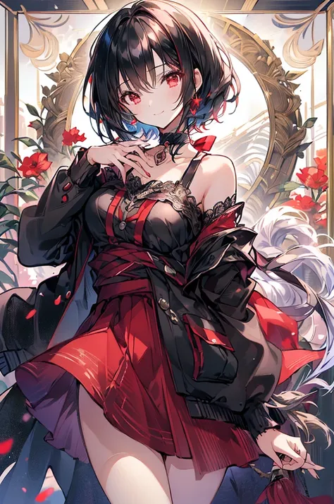 (masterpiece, highest quality, highest quality, (No text), Beautiful and aesthetic:1.2),No text,アニメ、BREAK,One Girl，Black Hair Girl　short hair　older sister　choker　Tree Eyes　Beautiful eyes　Red eyes　cool　smile　Red and Black　Black jacket　mini skirt　whole body　...