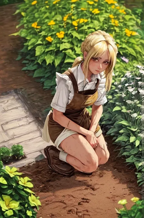 ((Female, blonde hair, brown eyes, in a garden, wearing dirty apron and shorts, on knees,  body, gardener, 4k, great quality))