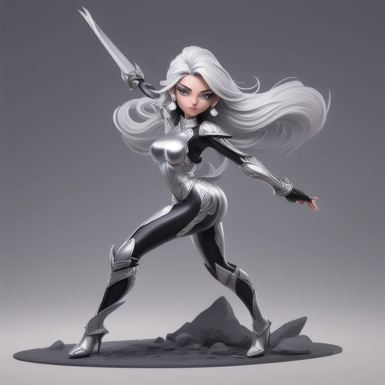 A sexy cartoon woman in warrior attire posing gracefully for a photo, Sexy beauty, straight silver hair, gurreira sexy, inverted triangle body type, Waist slender, silver hair, sensual girl, charmer, mulher de corpo inteiro, wearing sexy outfits, beautiful...