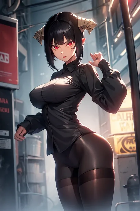 short black hair 1 girl, 1 gilr, ,perfect anatomy girl muscular girl toned body girl large breasts girl thick girl angry girl best quality girl black hair girl Eyes red,linda,wearing short leggings with, blackstockings, shorth hair, comely eyes, comely, Ey...