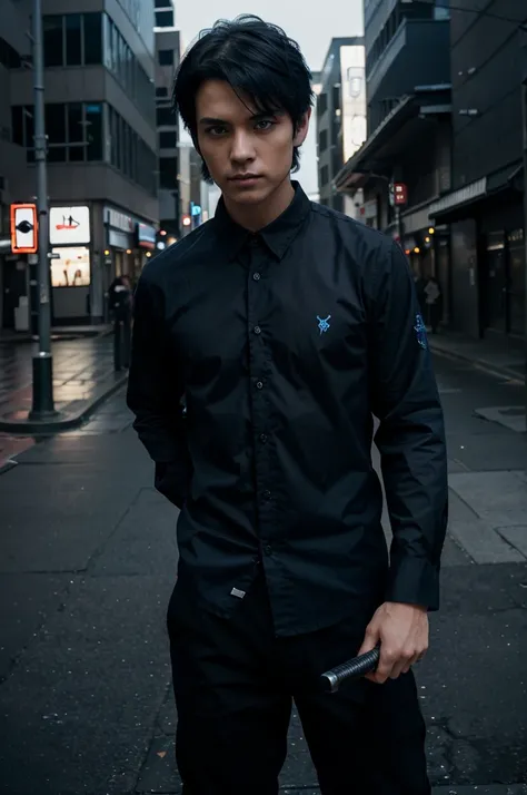 1boy, holding katana with blue flame, short black hair, blue eyes, wearing black long sleeve shirt, black large trousers with Japansese words on it, city, high res, ultrasharp, 8K, masterpiece, looking at viewer, 