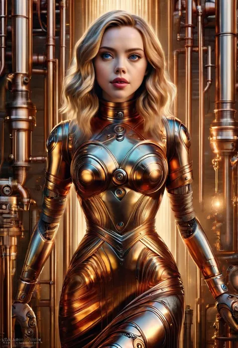 A stunning robot made of copper piping with hair made of intricate copper piping, cascading down like a metallic waterfall. She wears a dress fashioned from delicate, interwoven copper pipes, glinting under the light. Her visage is a mesmerizing blend of A...