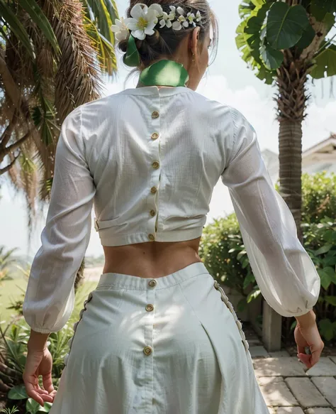 photorealistic, high resolution, masterpiece, best quality ,ultra-detailed, 1women, hair bun , jesmine flower on the head,  mature female, solo, hips up(back view), (wearing acmmsayarma outfit, acmmsayarma white top with buttons, long sleeves), ((acmmsayar...