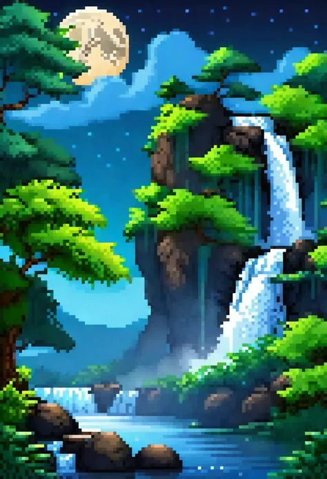 a background having blue moon night time with waterfall scenary.