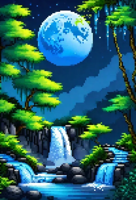 a background having blue moon night time with waterfall scenary.