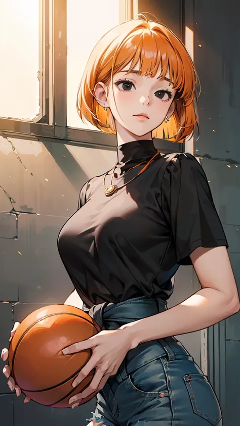 (masterpiece, best quality, (1 Girl:1.5), Solitary, Intricate details, Chromatic Aberration), ((Short Wavy Hair, Bangs, (black eyes:1.5), blunt Bangs, Orange Hair, Bob Cut)), Small earrings, Sharp eyes, Necklace, (Large Breasts: 1.2), cleveage, A faint smi...