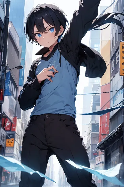 1boy, holding katana with blue flame, short black hair, blue eyes, wearing black long sleeve shirt, black large trousers with Japansese words on it, city, high res, ultrasharp, 8K, masterpiece, looking at viewer,