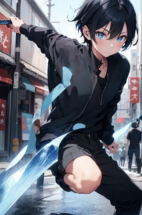 1boy, holding katana with blue flame, short black hair, blue eyes, wearing black long sleeve shirt, black large trousers with Japansese words on it, city, high res, ultrasharp, 8K, masterpiece, looking at viewer,