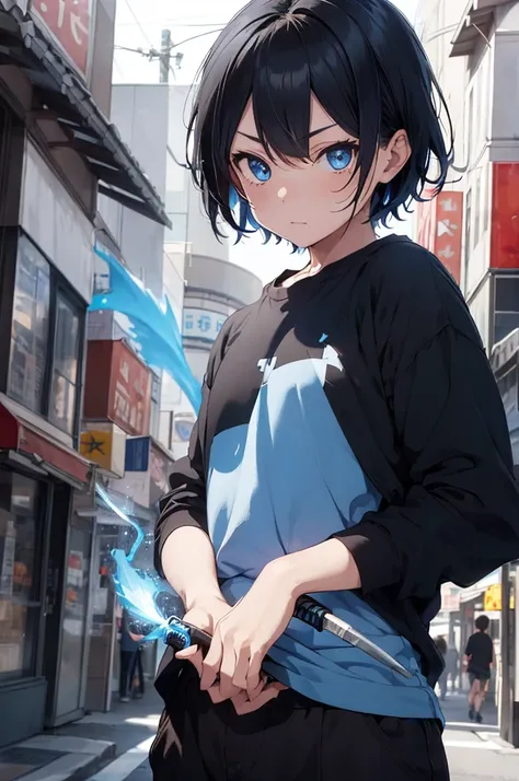 1boy, holding katana with blue flame, short black hair, blue eyes, wearing black long sleeve shirt, black large trousers with Japansese words on it, city, high res, ultrasharp, 8K, masterpiece, looking at viewer,