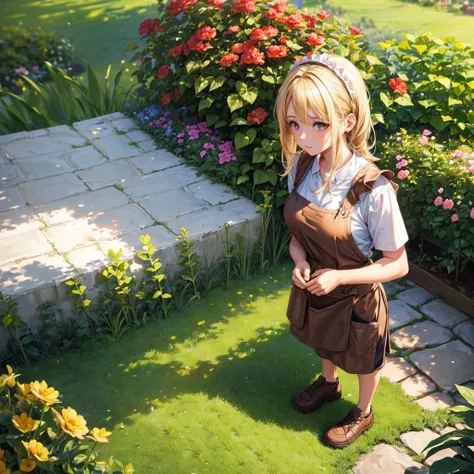 ((Female, blonde hair, brown eyes, in a garden, wearing dirty apron and shorts,   body, gardener, 4k, great quality))