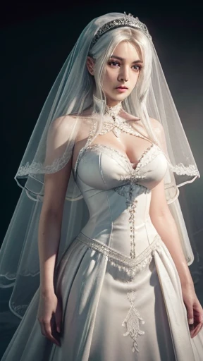 arafed woman in a white gown and veil posing for a picture, tifa lockhart with white hair, 8k 3D rendering character art, in white clothes, white silk clothing, dressed in white, perfect white haired girl, a beautiful woman in white, white gown!! of silver...