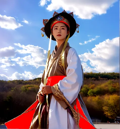 1boy, solo, looking at viewer, long sleeves, hat, closed mouth, upper body, outdoors, sky, day, cloud, blue sky, cloudy sky, crown, robe, korean clothes, traditional clothes, hanbok