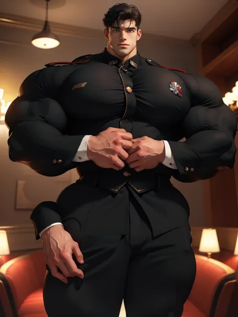 best quality,masterpiece,1boy, men,a handsome,mature man, militar. looking at viewer, model shot. brutalmass, giant, muscular ph...