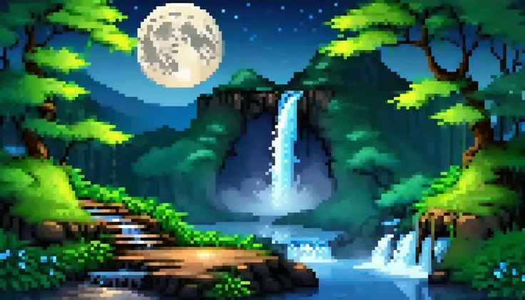 a background having blue moon night time with waterfall scenary.