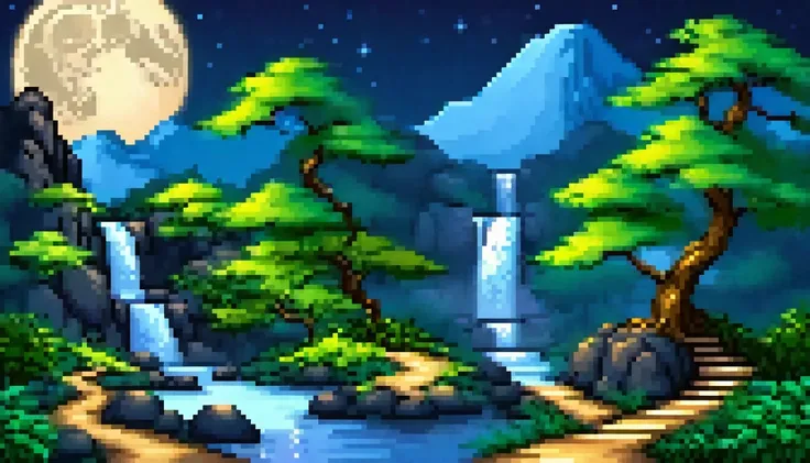 a background having blue moon night time with waterfall scenary.