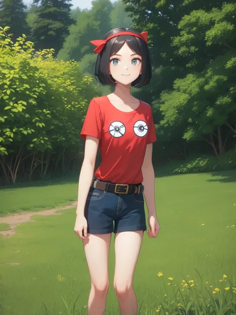 masterpiece, Highest quality, High resolution, Calm 1, 1 Girl, Calm 1, 1 Girl, Calm (Pokemon), alone, Grey Eyes, Black Hair, green Shorts, Red Tiara, shirt, tied shirt,, short hair, Short sleeve, Shorts, stripe, yellow shirt, belt, Middle class shooting, G...